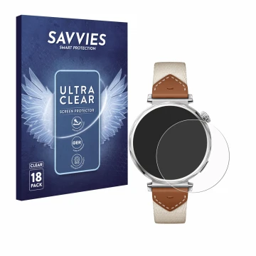 Face avant d’un emballage produit avec le logo de la marque Savvies. À côté, l’appareil Huawei Watch GT 5 (41 mm) est représen