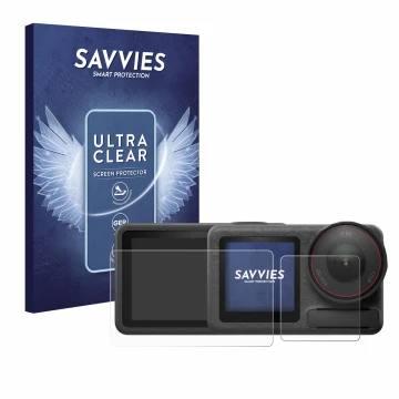 Face avant d’un emballage produit avec le logo de la marque Savvies. À côté, l’appareil DJI Osmo Action 5 Pro est représenté a