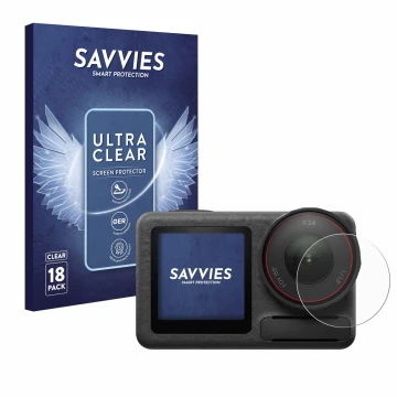 Face avant d’un emballage produit avec le logo de la marque Savvies. À côté, l’appareil DJI Osmo Action 5 Pro (Lentille) est r