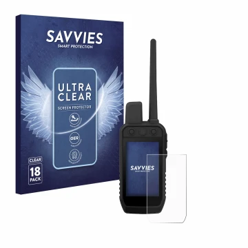 Face avant d’un emballage produit avec le logo de la marque Savvies. À côté, l’appareil Garmin Alpha 300 K est représenté avec