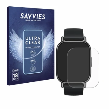 Face avant d’un emballage produit avec le logo de la marque Savvies. À côté, l’appareil Xiaomi Redmi Watch 5 Lite est représen