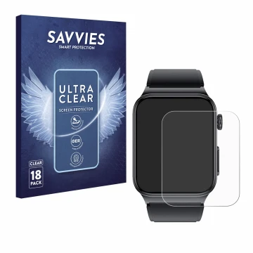 Face avant d’un emballage produit avec le logo de la marque Savvies. À côté, l’appareil Douself Smartwatch 1.85