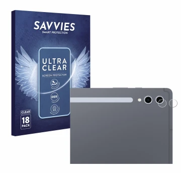 Face avant d’un emballage produit avec le logo de la marque Savvies. À côté, l’appareil Samsung Galaxy Tab S10 Ultra 5G (Camér