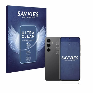 Face avant d’un emballage produit avec le logo de la marque Savvies. À côté, l’appareil Samsung Galaxy S24 FE (Avant+Caméra) e