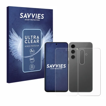 Face avant d’un emballage produit avec le logo de la marque Savvies. À côté, l’appareil Samsung Galaxy S24 FE (Avant+Arrière) 
