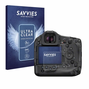 Face avant d’un emballage produit avec le logo de la marque Savvies. À côté, l’appareil Canon EOS R1 est représenté avec la pr