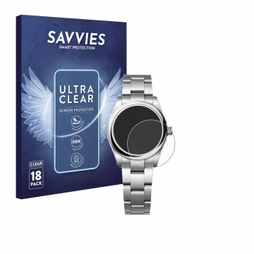 Face avant d’un emballage produit avec le logo de la marque Savvies. À côté, l’appareil Rolex Oyster Perpetual 31 est représen