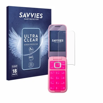 Face avant d’un emballage produit avec le logo de la marque Savvies. À côté, l’appareil HMD Barbie Phone est représenté avec l