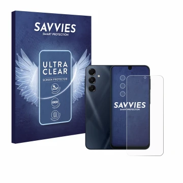 Face avant d’un emballage produit avec le logo de la marque Savvies. À côté, l’appareil Samsung Galaxy A16 5G (Avant+Caméra) e