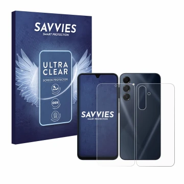 Face avant d’un emballage produit avec le logo de la marque Savvies. À côté, l’appareil Samsung Galaxy A16 5G (Avant+Arrière) 