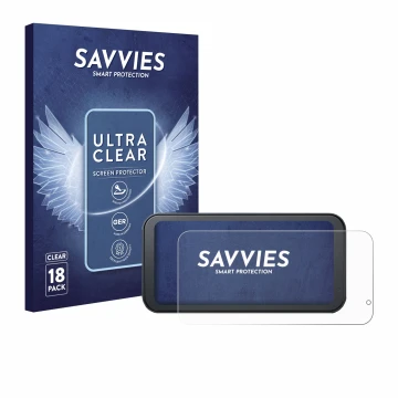 Face avant d’un emballage produit avec le logo de la marque Savvies. À côté, l’appareil Lamto Motorrad Carplay 6.25