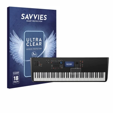 Face avant d’un emballage produit avec le logo de la marque Savvies. À côté, l’appareil Yamaha MODX8+ est représenté avec la p