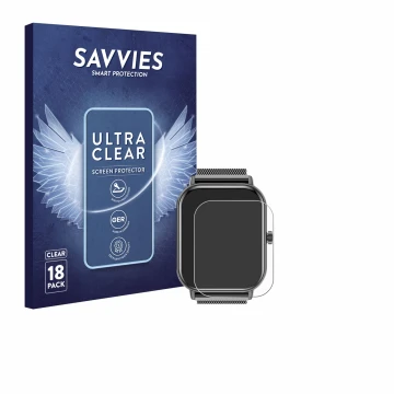 Face avant d’un emballage produit avec le logo de la marque Savvies. À côté, l’appareil Haulvean Smartwatch 1.85