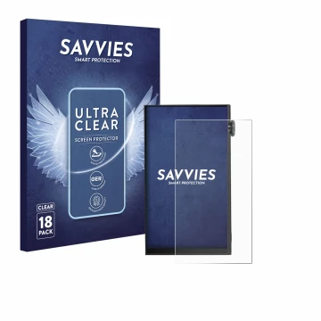 Face avant d’un emballage produit avec le logo de la marque Savvies. À côté, l’appareil iBasso DX180 est représenté avec la pr