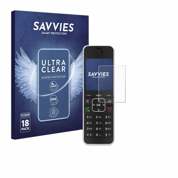 Face avant d’un emballage produit avec le logo de la marque Savvies. À côté, l’appareil AVM Fritz!Fon C6 Black est représenté 