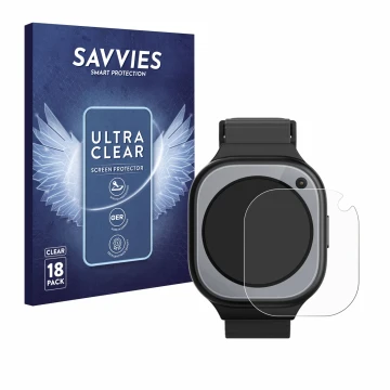 Face avant d’un emballage produit avec le logo de la marque Savvies. À côté, l’appareil Xplora X6Pro est représenté avec la pr