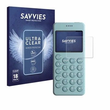 Face avant d’un emballage produit avec le logo de la marque Savvies. À côté, l’appareil Punkt MP02 est représenté avec la prot