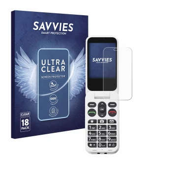 Face avant d’un emballage produit avec le logo de la marque Savvies. À côté, l’appareil Doro Leva L30 est représenté avec la p