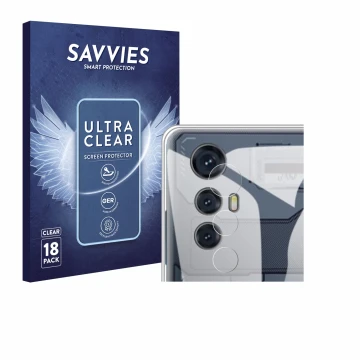 Face avant d’un emballage produit avec le logo de la marque Savvies. À côté, l’appareil Cubot Max 5 (Caméra UNIQUEMENT) est re