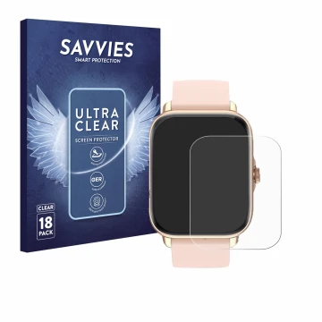 Face avant d’un emballage produit avec le logo de la marque Savvies. À côté, l’appareil Janolty Smartwatch 1.83
