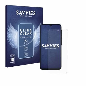 Face avant d’un emballage produit avec le logo de la marque Savvies. À côté, l’appareil Samsung Galaxy A16 4G est représenté a