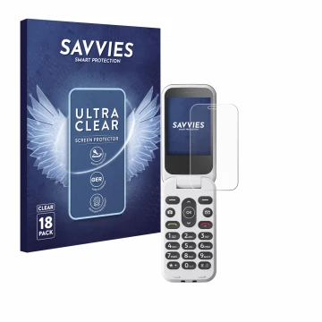 Face avant d’un emballage produit avec le logo de la marque Savvies. À côté, l’appareil Doro 2820 est représenté avec la prote