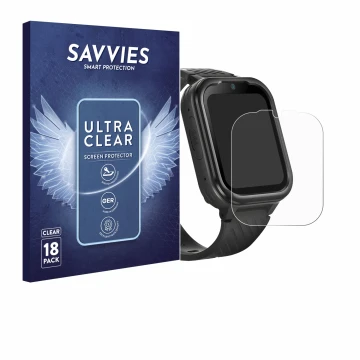 Face avant d’un emballage produit avec le logo de la marque Savvies. À côté, l’appareil RAYOFI Kids Smartwatch est représenté 
