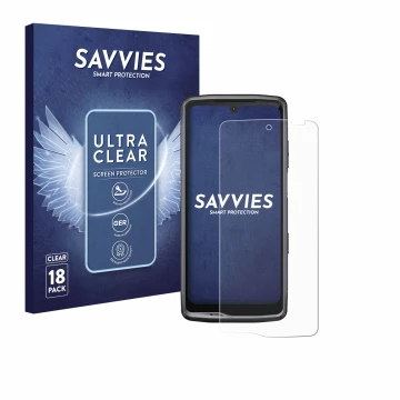 Face avant d’un emballage produit avec le logo de la marque Savvies. À côté, l’appareil Crosscall Stellar M6 est représenté av