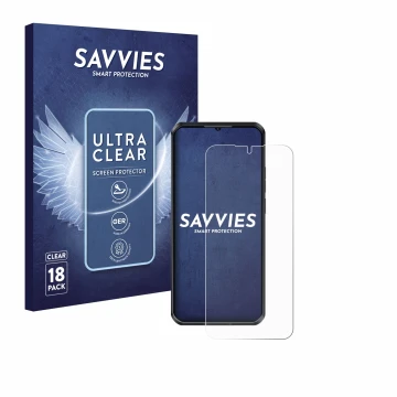 Face avant d’un emballage produit avec le logo de la marque Savvies. À côté, l’appareil Oukitel WP52 est représenté avec la pr
