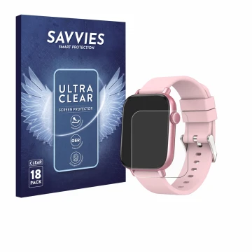 Face avant d’un emballage produit avec le logo de la marque Savvies. À côté, l’appareil Ombar Smartwatch 1.9