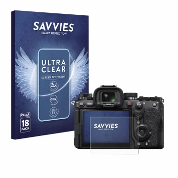 Face avant d’un emballage produit avec le logo de la marque Savvies. À côté, l’appareil Sony Alpha 1 II (ILCE1M2B) est représe