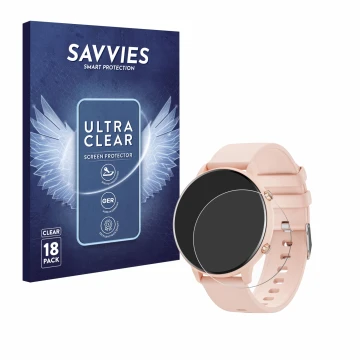 Face avant d’un emballage produit avec le logo de la marque Savvies. À côté, l’appareil Hwagol Smartwatch G25 1.39
