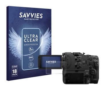 Face avant d’un emballage produit avec le logo de la marque Savvies. À côté, l’appareil Canon EOS C400 est représenté avec la 