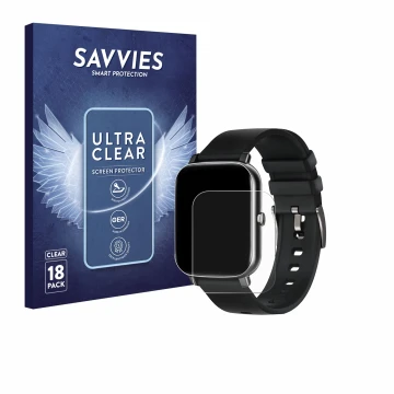 Face avant d’un emballage produit avec le logo de la marque Savvies. À côté, l’appareil Ibettertec Smartwatch 1.69