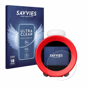 Face avant d’un emballage produit avec le logo de la marque Savvies. À côté, l’appareil Nintendo Sound Clock Alarmo est représ