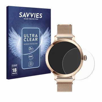 Face avant d’un emballage produit avec le logo de la marque Savvies. À côté, l’appareil Bekomiya Smartwatch 1.1