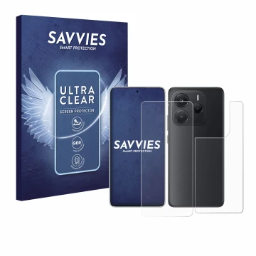 Face avant d’un emballage produit avec le logo de la marque Savvies. À côté, l’appareil Xiaomi Redmi Note 14 (Avant+Arrière) e