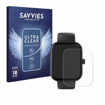 Face avant d’un emballage produit avec le logo de la marque Savvies. À côté, l’appareil Hama Fit Watch 5000 est représenté ave