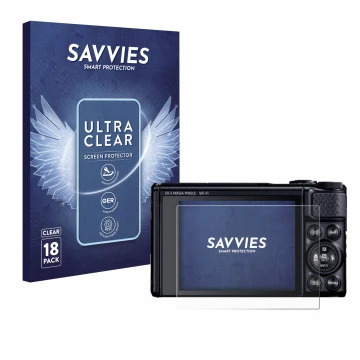 Face avant d’un emballage produit avec le logo de la marque Savvies. À côté, l’appareil Canon PowerShot SX740 HS Lite est repr