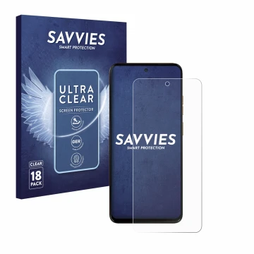Face avant d’un emballage produit avec le logo de la marque Savvies. À côté, l’appareil Motorola Moto G15 Power est représenté
