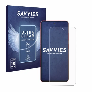 Face avant d’un emballage produit avec le logo de la marque Savvies. À côté, l’appareil realme 14x est représenté avec la prot