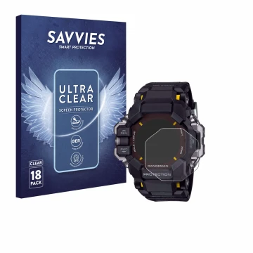 Face avant d’un emballage produit avec le logo de la marque Savvies. À côté, l’appareil Casio G-Shock GPR-H 1000 est représent