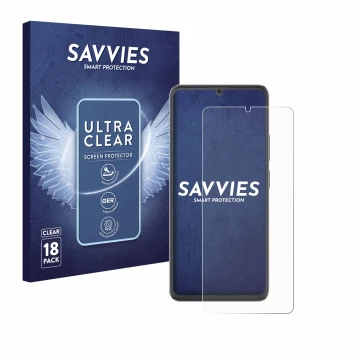 Face avant d’un emballage produit avec le logo de la marque Savvies. À côté, l’appareil Cubot A20 est représenté avec la prote