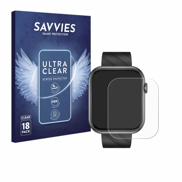 Face avant d’un emballage produit avec le logo de la marque Savvies. À côté, l’appareil Bekomiya Smartwatch 2