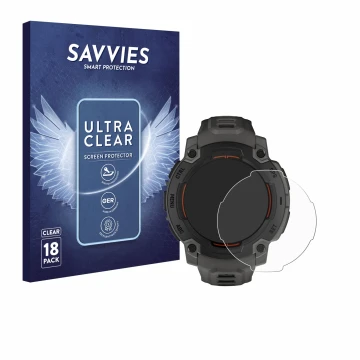 Face avant d’un emballage produit avec le logo de la marque Savvies. À côté, l’appareil Garmin Instinct E (45 mm) est représen