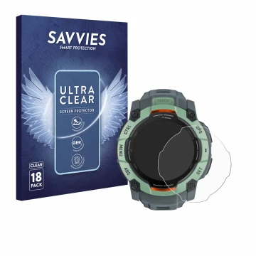 Face avant d’un emballage produit avec le logo de la marque Savvies. À côté, l’appareil Garmin Instinct 3 AMOLED (50 mm) est r