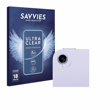Face avant d’un emballage produit avec le logo de la marque Savvies. À côté, l’appareil Apple iPad Mini 7 2024 (Caméra UNIQUEM