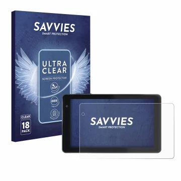 Face avant d’un emballage produit avec le logo de la marque Savvies. À côté, l’appareil Lisciani Mio Tab 7 est représenté avec