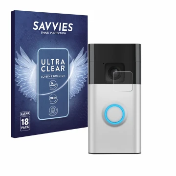 Face avant d’un emballage produit avec le logo de la marque Savvies. À côté, l’appareil Ring Battery Video Doorbell est représ