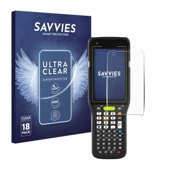 Face avant d’un emballage produit avec le logo de la marque Savvies. À côté, l’appareil Zebra MC3400 est représenté avec la pr